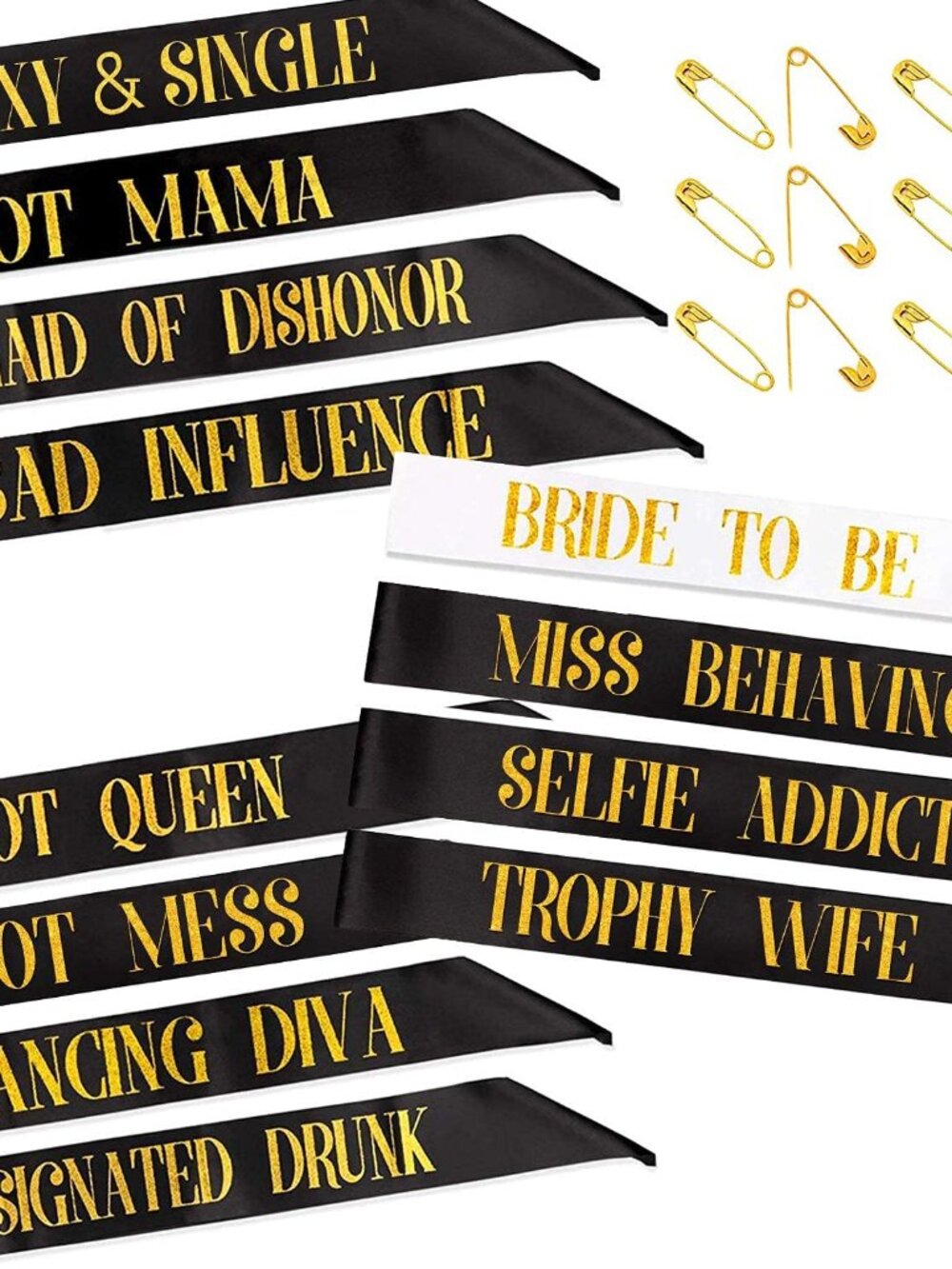 Bachelorette Sashes for Bridal Party 12 pack - 11 Black Team Bride Sashes with 1